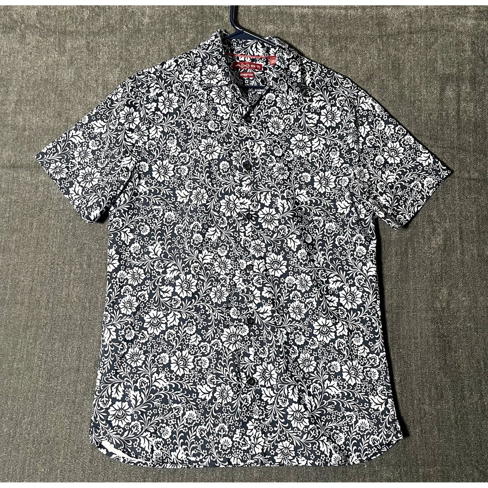 AXIST Stretch Shirt Mens S Regular Fit Short Sleeve Button-Up Floral Black/White